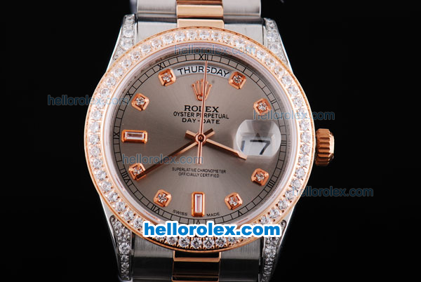 Rolex Day-Date Oyster Perpetual Swiss ETA 2836 Automatic Movement ETA Case Two Tone with Diamond Bezel,Grey Dial and Diamond Marking - Click Image to Close